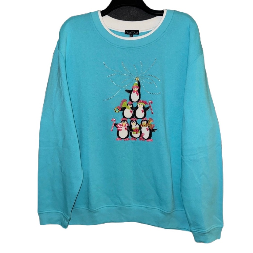 NWT Bua//Bua Penguin Christmas Tree Embroidered Blue Sweatshirt Size XXL
